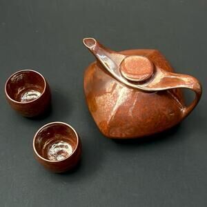 Vintage Mid-Century Modern Ceramic Rust Brown Teapot Set with Two Cups